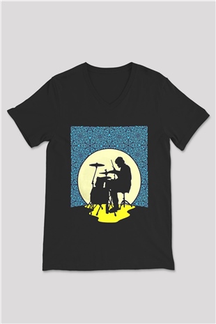 Bateri Baskılı Unisex Siyah V Yaka Tişört - Tshirt