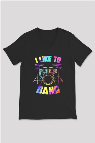 Bateri Baskılı Unisex Siyah V Yaka Tişört - Tshirt