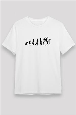 Baterist Evrimi Baskılı Unisex Beyaz Tişört - Tshirt