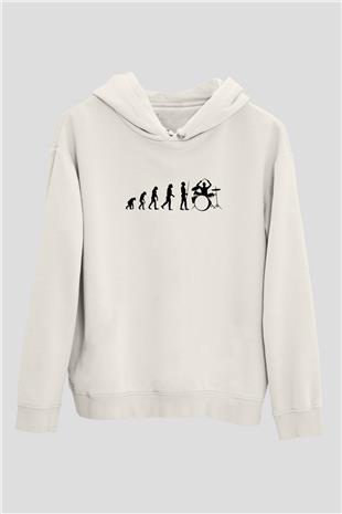 Baterist Evrimi Baskılı Unisex Ekru Hoodie