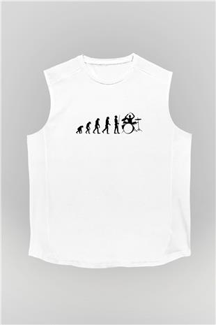 Baterist Evrimi Baskılı Unisex Kolsuz Beyaz Tişört - Tshirt
