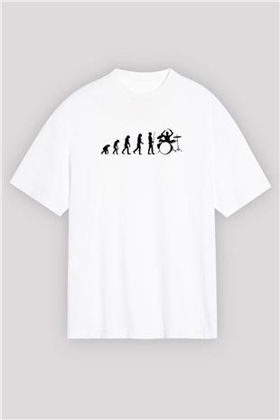 Baterist Evrimi Baskılı Unisex Oversize Beyaz Tişört - Tshirt