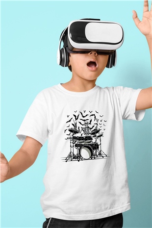 Baterist İskelet Baskılı Unisex Beyaz  Çocuk Tişört