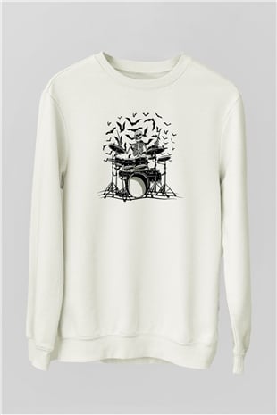 Baterist İskelet Baskılı Unisex Beyaz  Sweatshirt