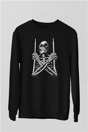 Baterist İskelet Baskılı Unisex Siyah  Sweatshirt