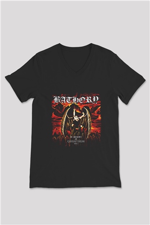 Bathory Baskılı Unisex Siyah V Yaka Tişört