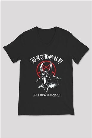 Bathory Siyah Unisex V Yaka Tişört T-Shirt