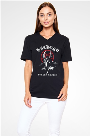 Bathory Siyah Unisex V Yaka Tişört T-Shirt
