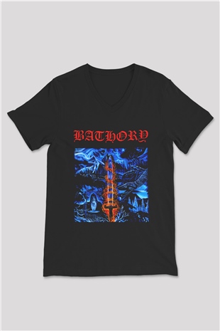 Bathory Siyah Unisex V Yaka Tişört T-Shirt