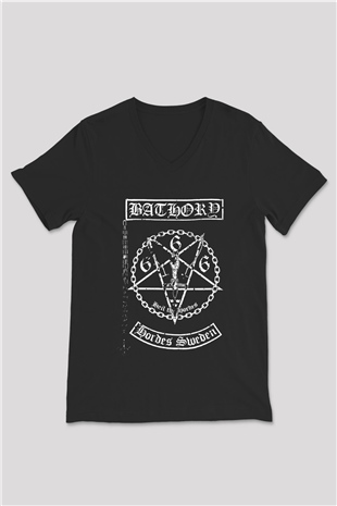 Bathory Siyah Unisex V Yaka Tişört T-Shirt
