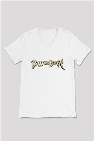 Battle Beast Baskılı Beyaz Unisex V Yaka Tişört - Tshirt