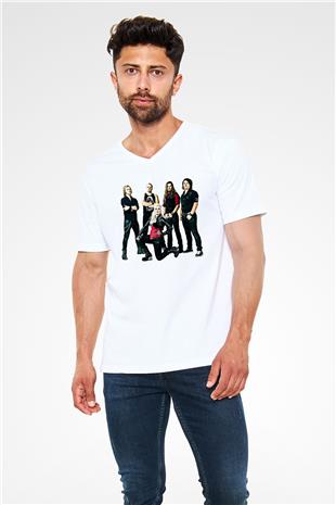 Battle Beast Baskılı Beyaz Unisex V Yaka Tişört - Tshirt