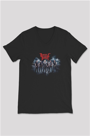 Battle Beast Baskılı Unisex Siyah V Yaka Tişört - Tshirt