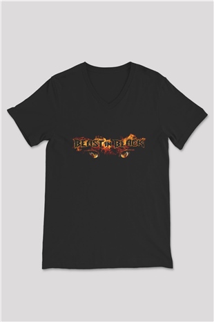 Battle Beast Baskılı Unisex Siyah V Yaka Tişört - Tshirt