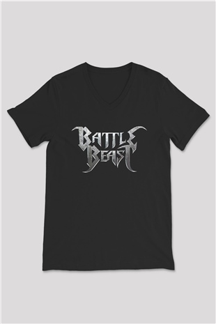 Battle Beast Baskılı Unisex Siyah V Yaka Tişört - Tshirt