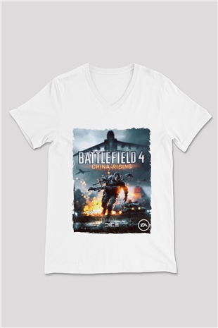 Battlefield Beyaz Unisex V Yaka Tişört
