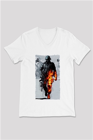 Battlefield Beyaz Unisex V Yaka Tişört