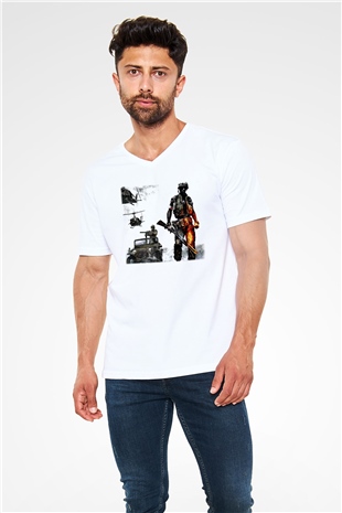 Battlefield Beyaz Unisex V Yaka Tişört T-Shirt