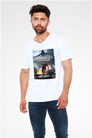 Battlefield Beyaz Unisex V Yaka Tişört