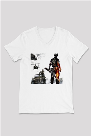 Battlefield Beyaz Unisex V Yaka Tişört T-Shirt