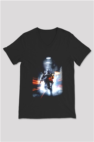 Battlefield Siyah Unisex V Yaka Tişört T-Shirt