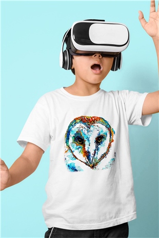 Baykuş Baskılı Beyaz Unisex Çocuk Tişört