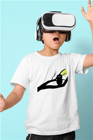 Baykuş Baskılı Beyaz Unisex Çocuk Tişört