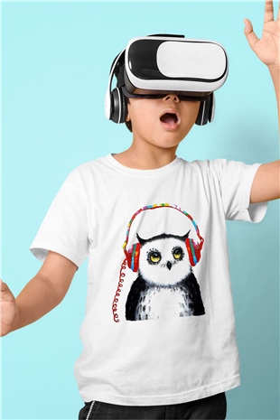 Baykuş Baskılı Beyaz Unisex Çocuk Tişört