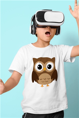 Baykuş Baskılı Beyaz Unisex Çocuk Tişört