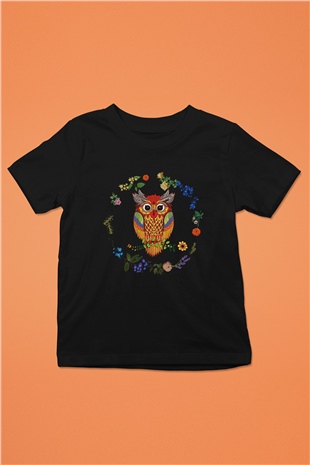 Baykuş Baskılı Siyah Unisex Çocuk Tişört