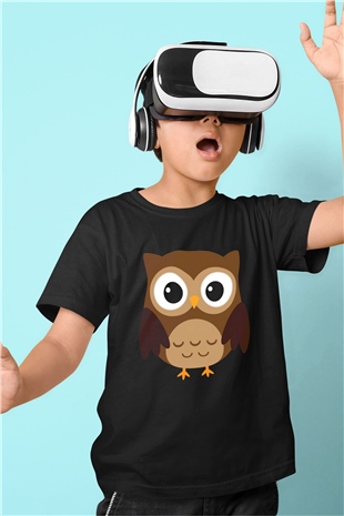 Baykuş Baskılı Siyah Unisex Çocuk Tişört