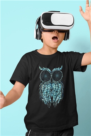 Baykuş Baskılı Siyah Unisex Çocuk Tişört