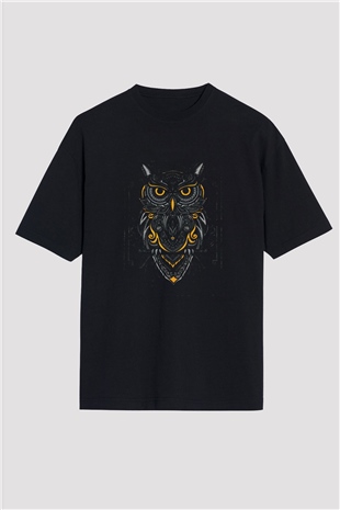 Baykuş Baskılı Oversize Siyah Tshirt