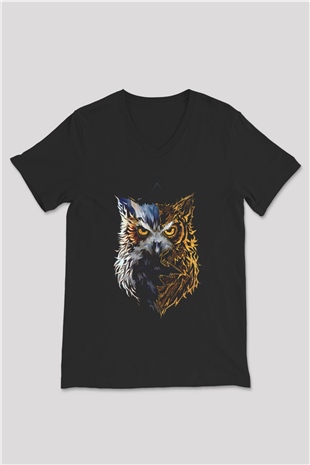 Baykuş Baskılı Unisex Siyah  V Yaka Tişört