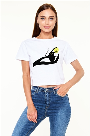 Baykuş Beyaz Croptop Tişört
