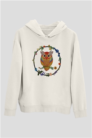 Baykuş Beyaz Unisex Kapşonlu Sweatshirt