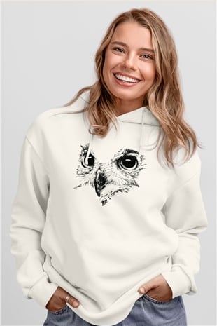 Baykuş Beyaz Unisex Kapşonlu Sweatshirt
