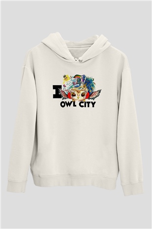 Baykuş Beyaz Unisex Kapşonlu Sweatshirt