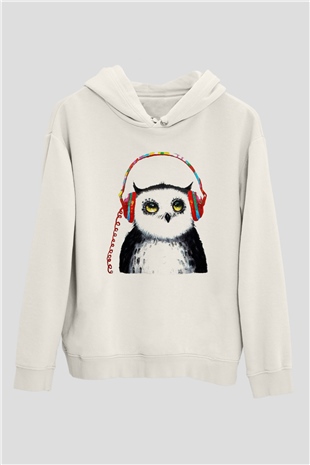 Baykuş Beyaz Unisex Kapşonlu Sweatshirt