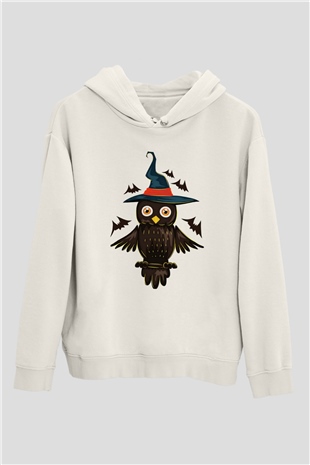 Baykuş Beyaz Unisex Kapşonlu Sweatshirt