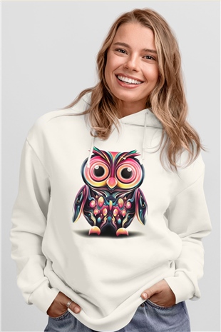 Baykuş Beyaz Unisex Kapşonlu Sweatshirt