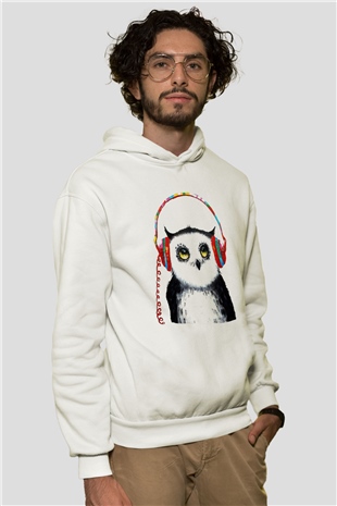 Baykuş Beyaz Unisex Kapşonlu Sweatshirt