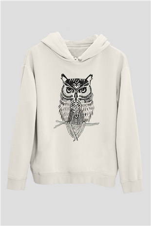Baykuş Beyaz Unisex Kapşonlu Sweatshirt