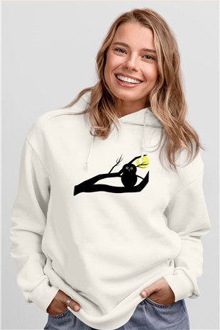 Baykuş Beyaz Unisex Kapşonlu Sweatshirt