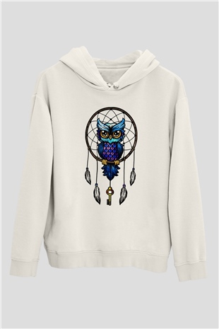 Baykuş Beyaz Unisex Kapşonlu Sweatshirt
