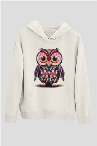 Baykuş Beyaz Unisex Kapşonlu Sweatshirt