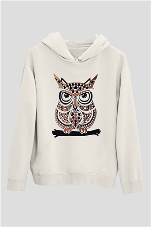 Baykuş Beyaz Unisex Kapşonlu Sweatshirt