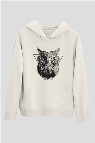 Baykuş Beyaz Unisex Kapşonlu Sweatshirt