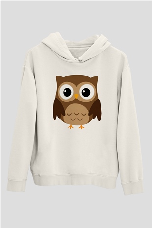 Baykuş Beyaz Unisex Kapşonlu Sweatshirt