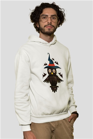 Baykuş Beyaz Unisex Kapşonlu Sweatshirt